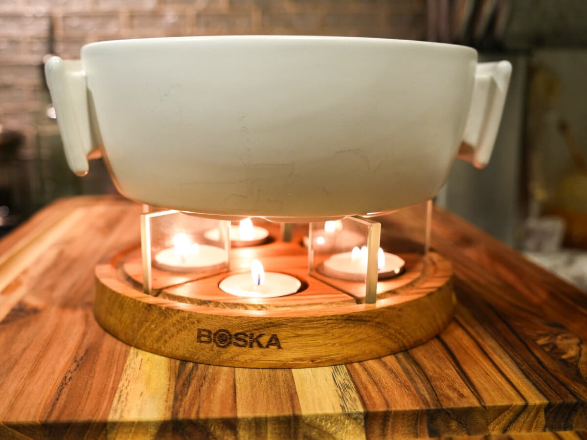 photo of a white fondue pot