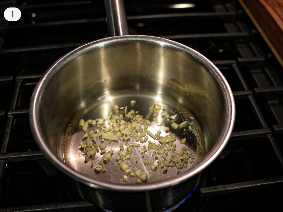 step one photo of minced garlic in a dry white wine
