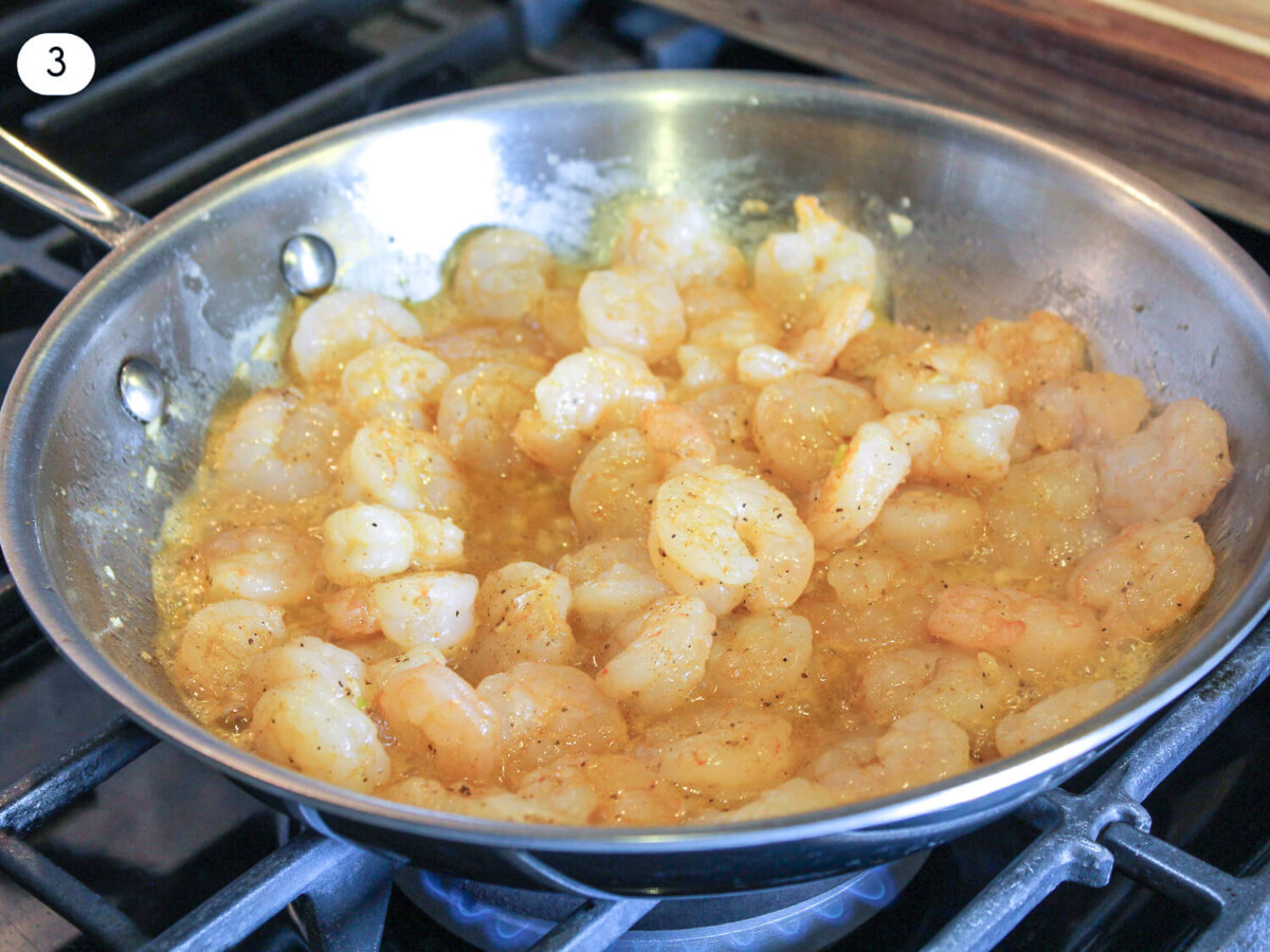 step three photo of cooked shrimp in a pan