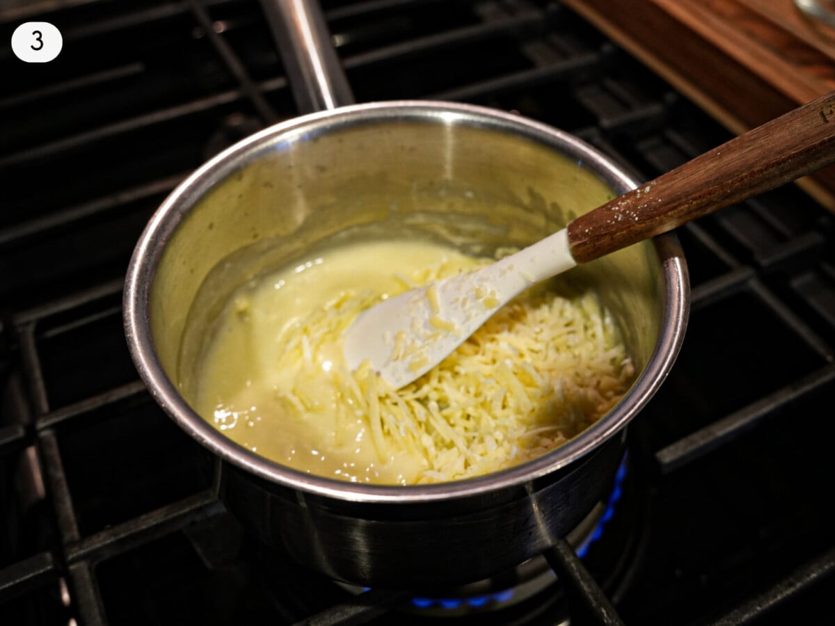 step three photo of melted cheese in a saucepan