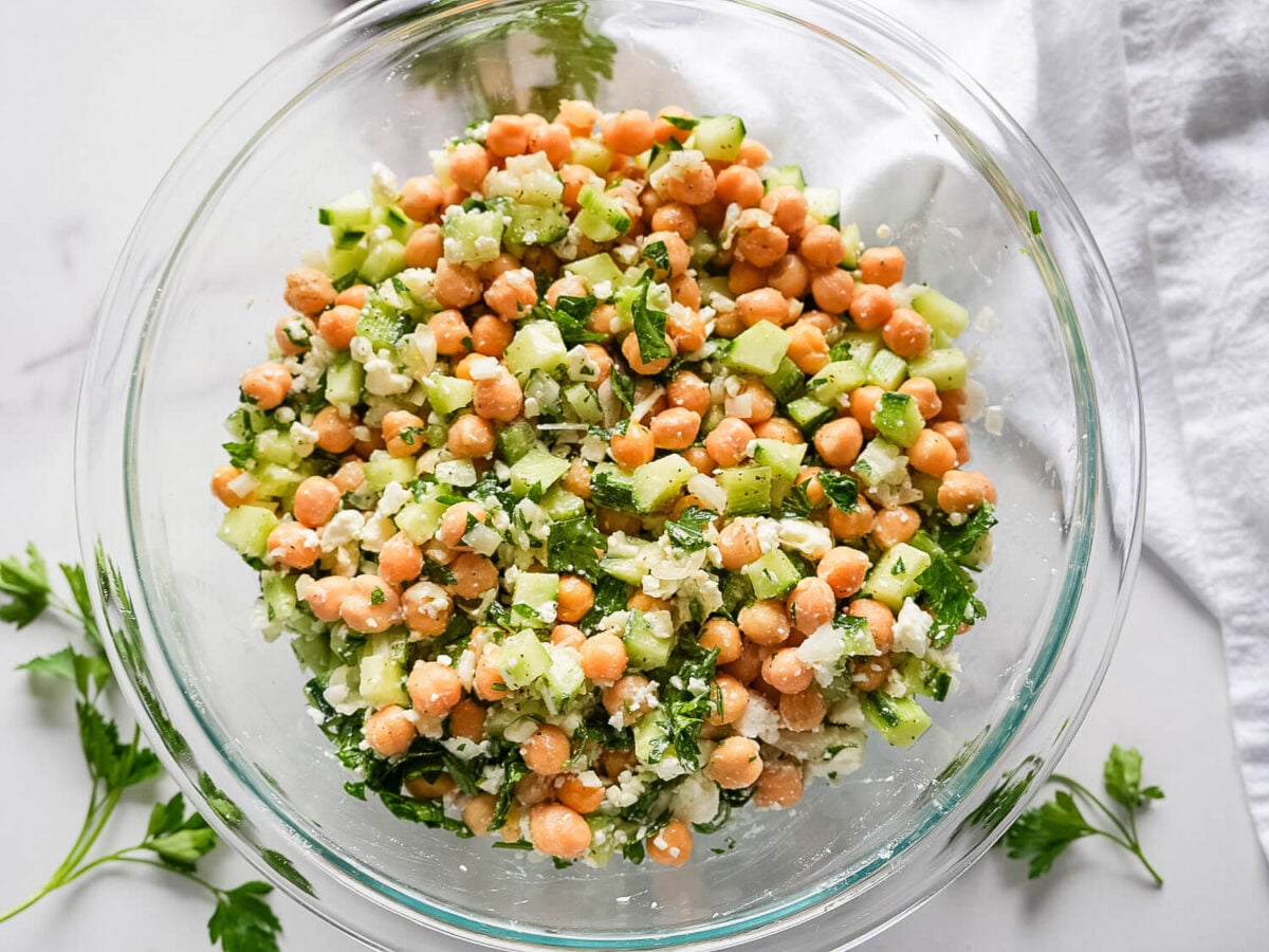 Overhead Photo of Chickpea Cucumber Salad in a glass bowl