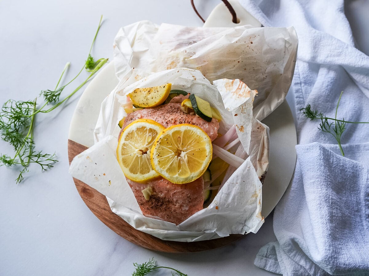 Overhead photo of Salmon en Papillote - Salmon in Parchment Paper