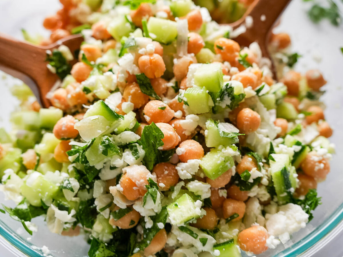 close photo of a Chickpea Cucumber Salad after its mixed together