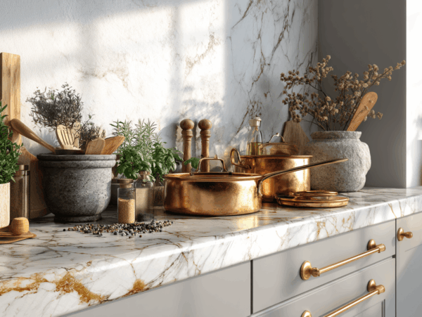 photo of copper pans on a marble counter top