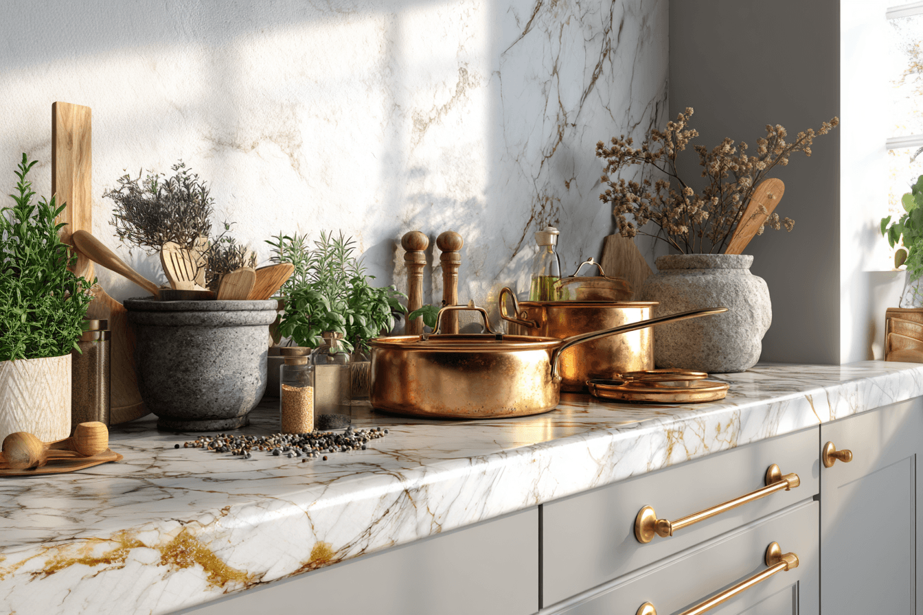 photo of copper pans on a marble counter top