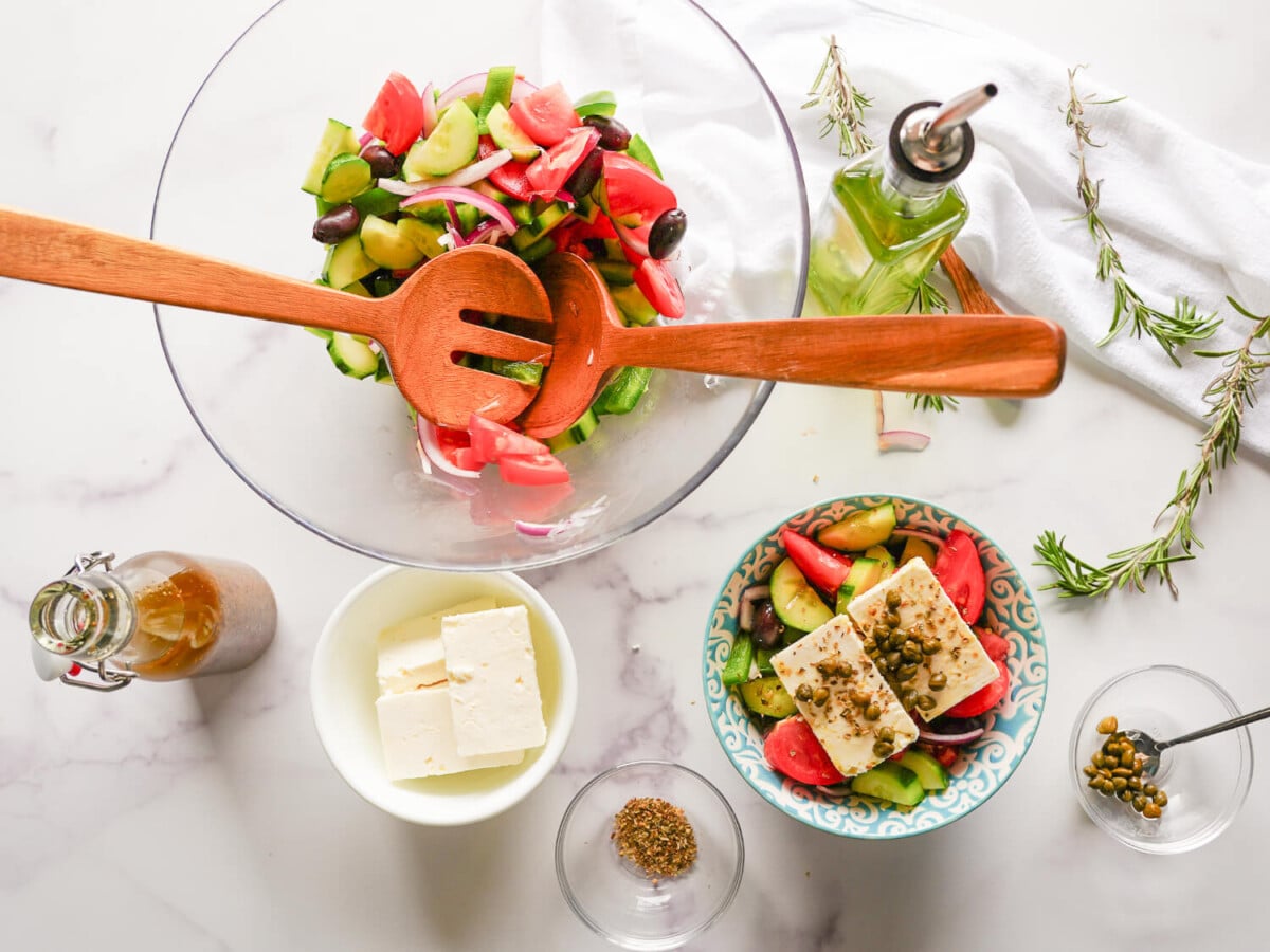 flatlay photo of a greek salad with ingredients