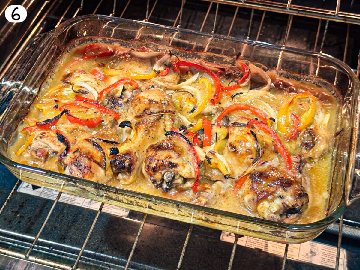 photo of baked Italian Dressing Chicken in the oven in a glass baking dish