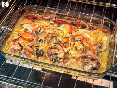 photo of baked Italian Dressing Chicken in the oven in a glass baking dish