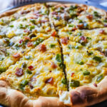 photo of breakfast pizza that's cuts into eight slices