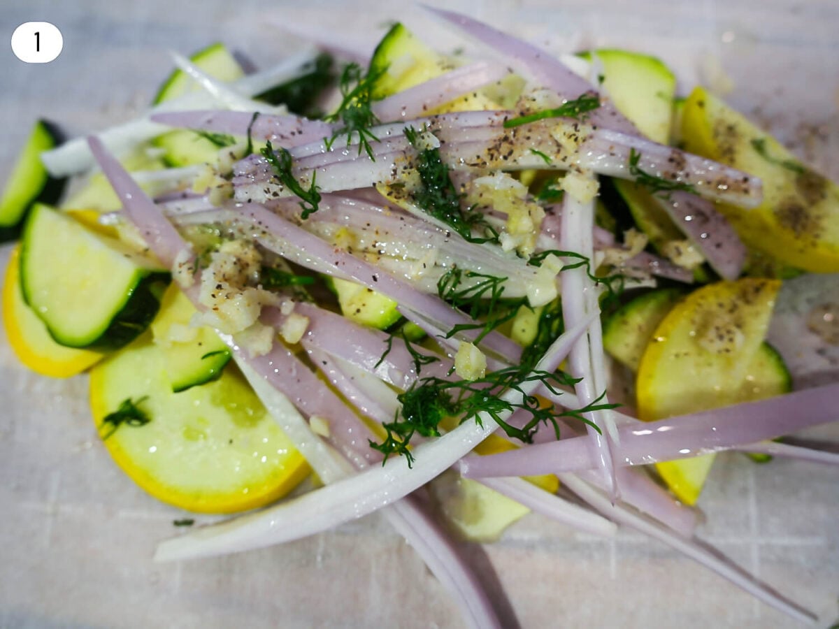 step 1 photo of sliced zucchini squash fresh dill and minced garlic with olive oil