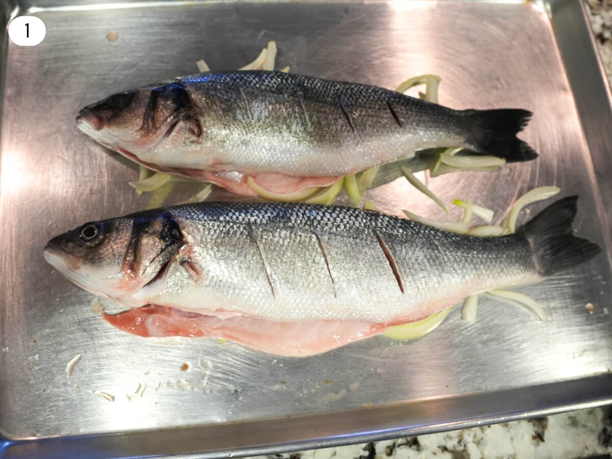step 1 photo of uncooked branzino on a bed of onions