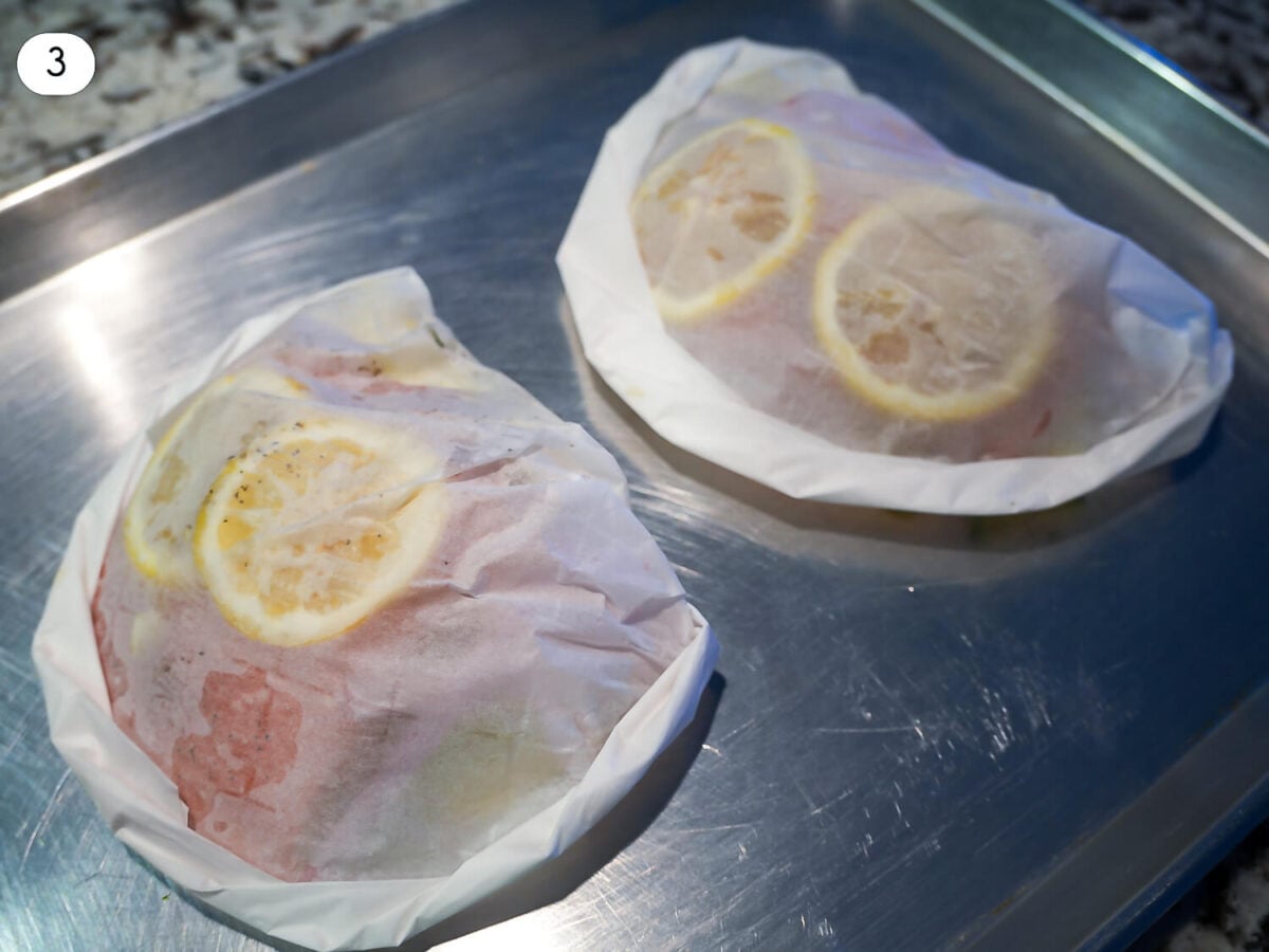 step 3 photo of Salmon en Papillote - Salmon in Parchment Paper on a baking tray