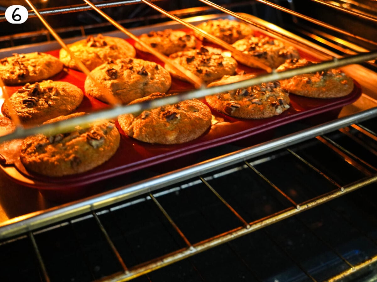 step 6 photo of baking banana nut muffins in the oven