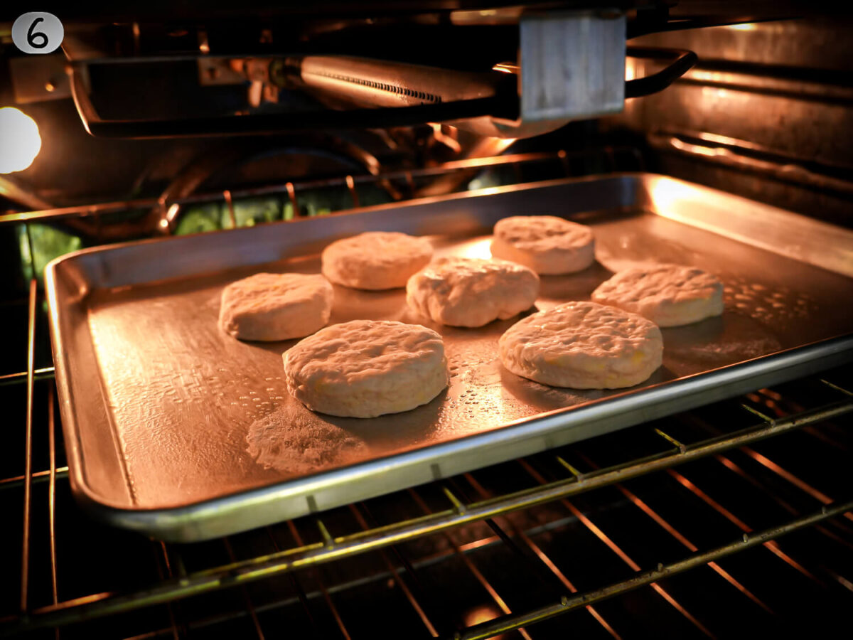 step 6 photo of buttermilk biscuits baking in the oven