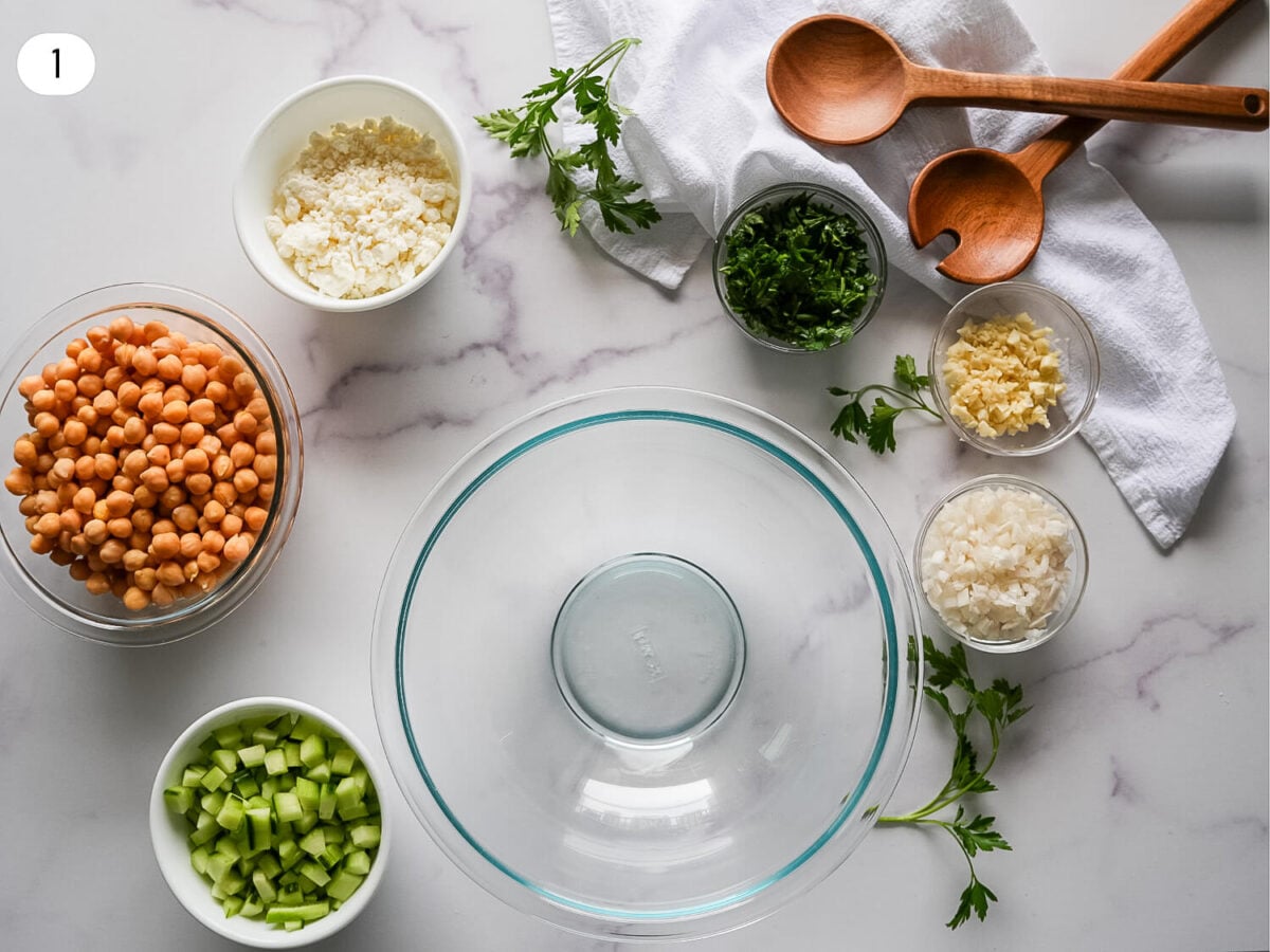 step one photo of prepped ingredients before making the salad