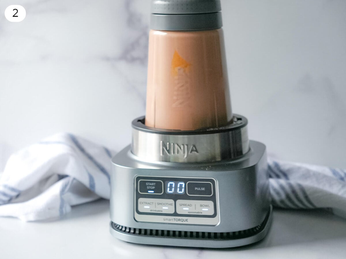 step two photo of a coffee smoothie blending