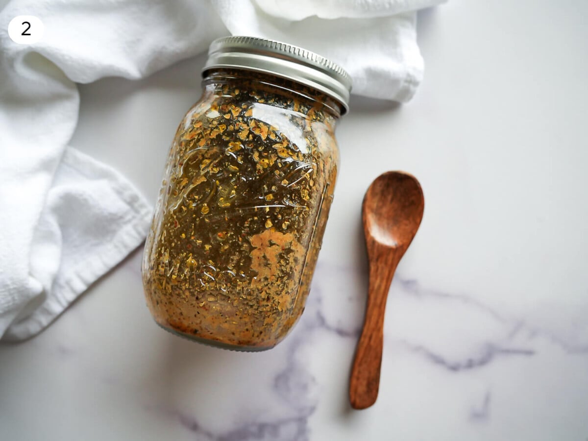 step two photo of greek salad dressing in a mason jar