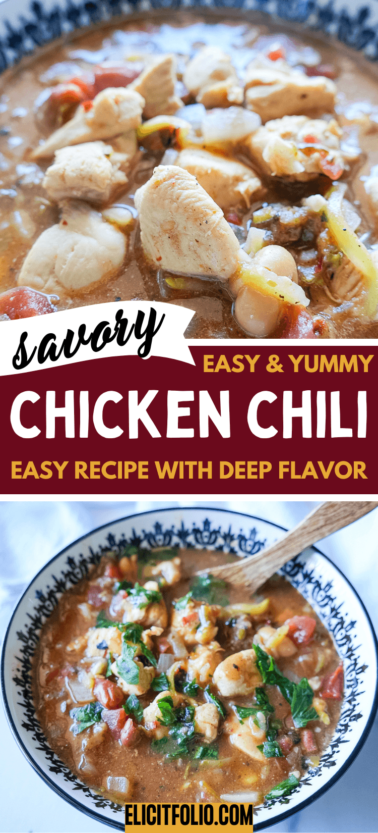 CHICKEN Chili pinterest pin with a close up photo of chicken chili on the top and a photo of chicken chili in a bowl at the bottom