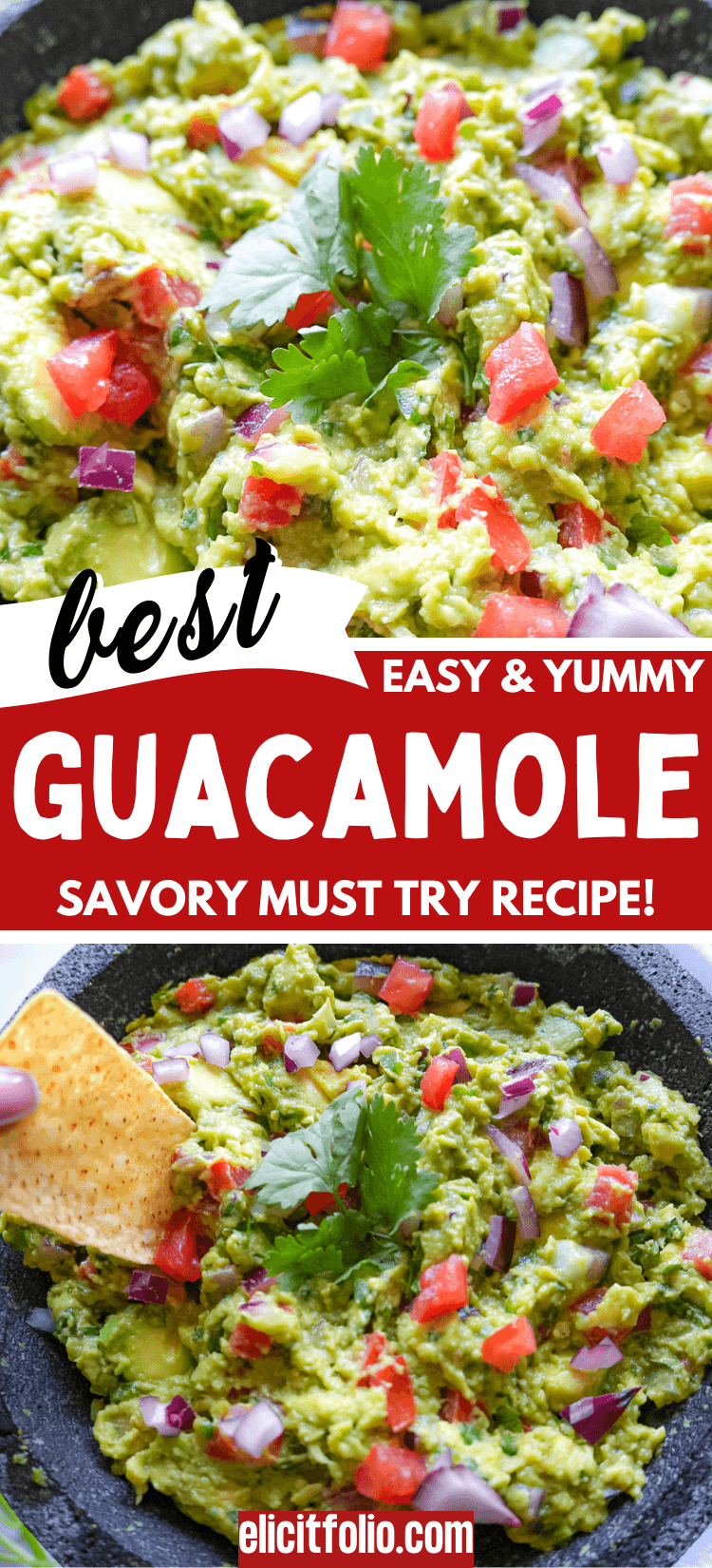 Pinterest pin that shows an up close photo of guacamole up top and more on the bottom with a chip being dipped
