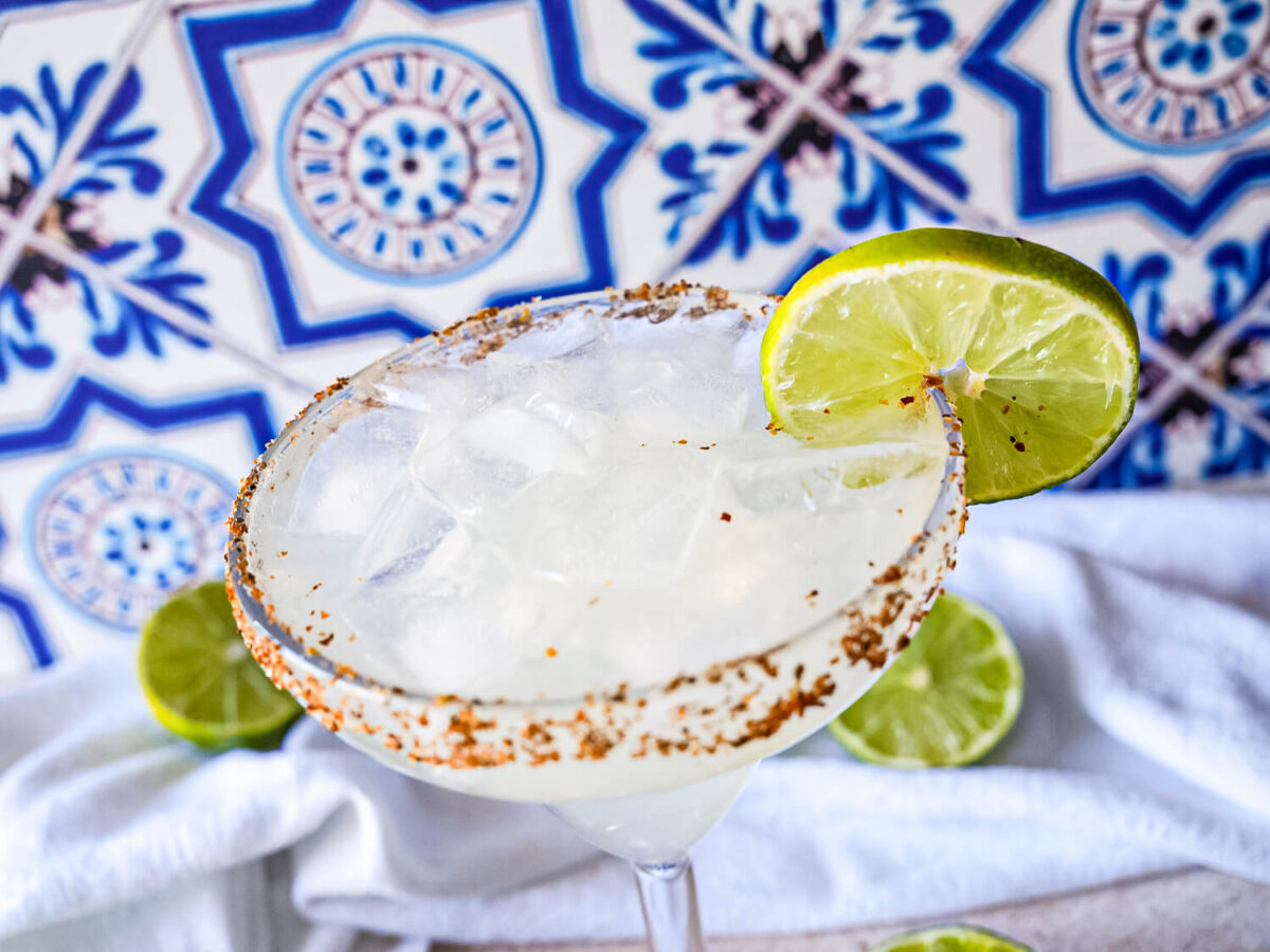 overhead photo of Classic Margarita with ice in a glass