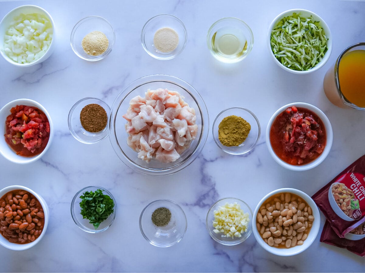 photo of chicken chili ingredients on a marble surface