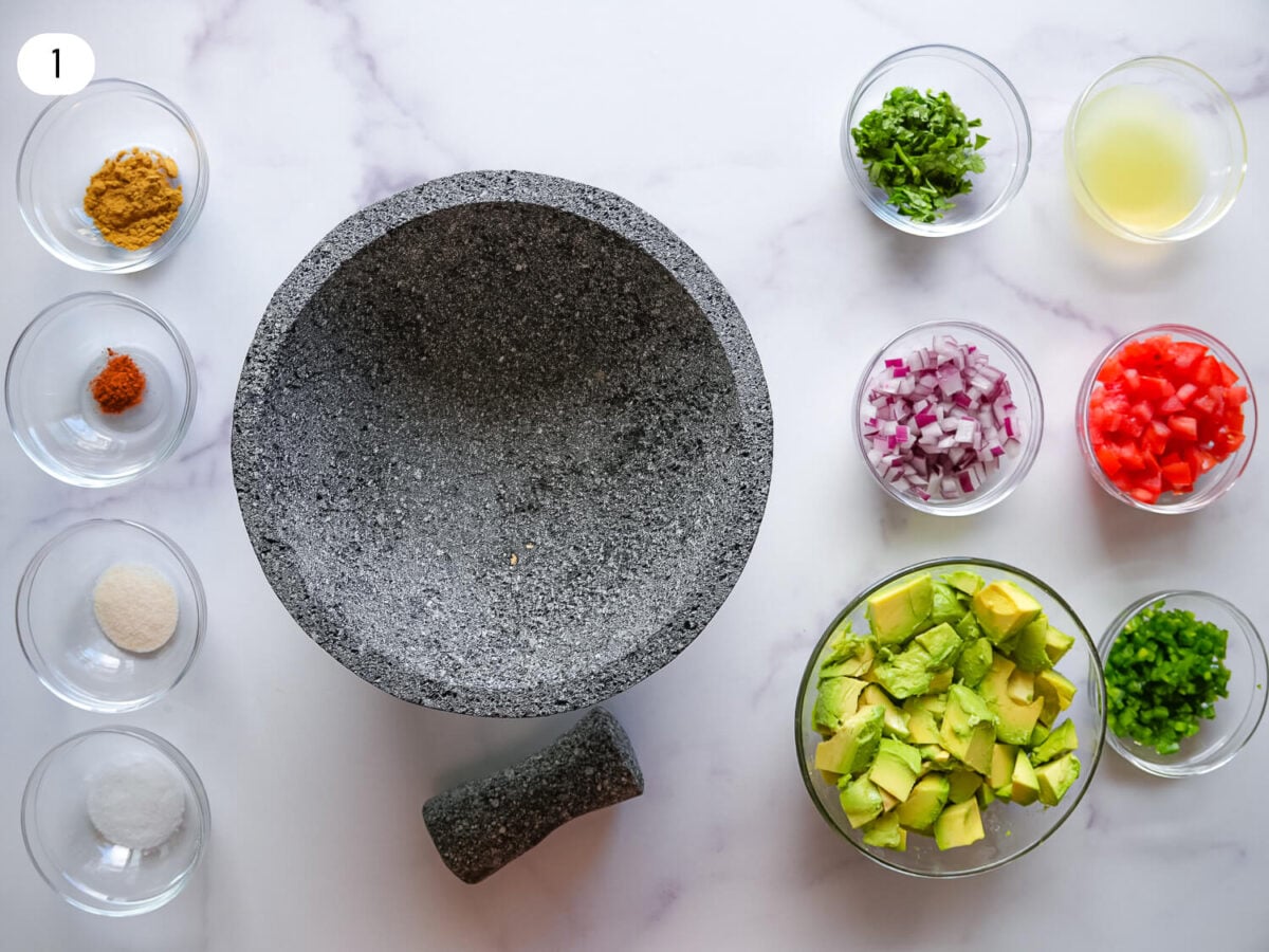 step 1 photo showing all ingredients chopped and ready before mixing
