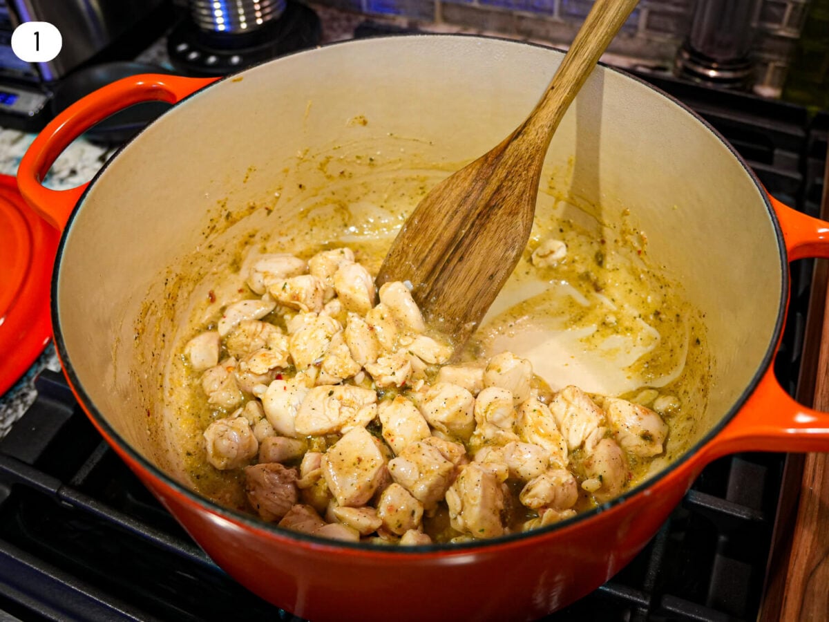 step one photo of cooking seasoned chicken in a dutch oven