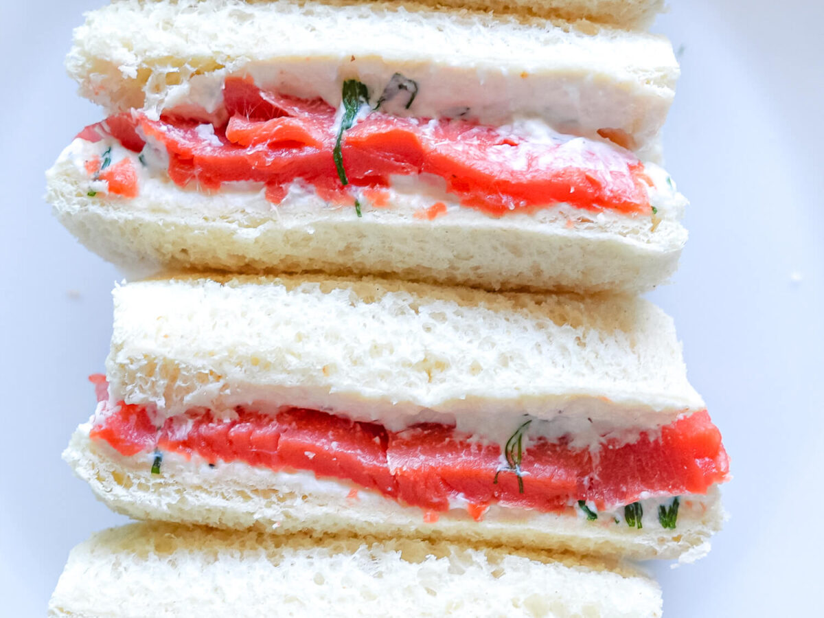 Close up photo of Smoked Salmon Tea Sandwiches and dill