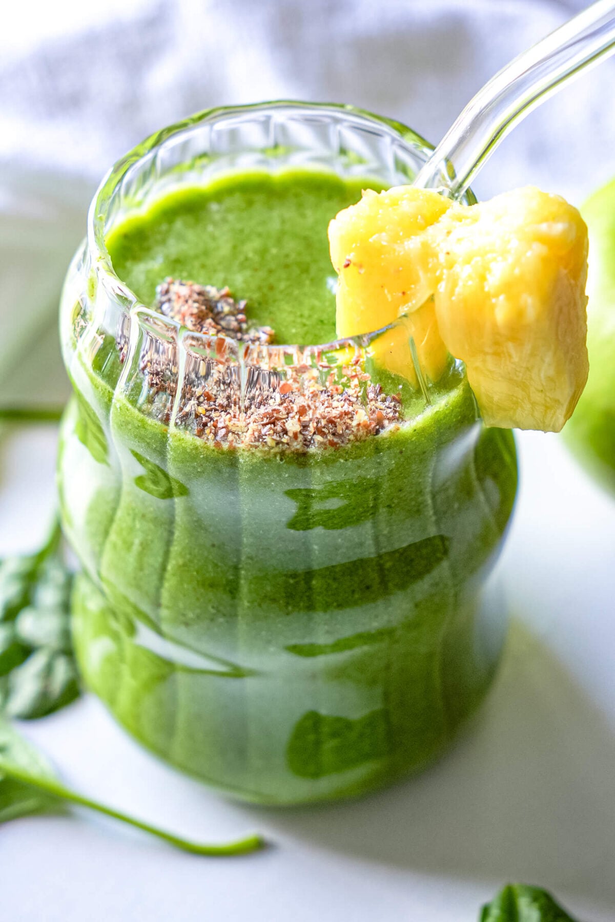 Overhead Photo of a Pineapple Spinach Smoothie