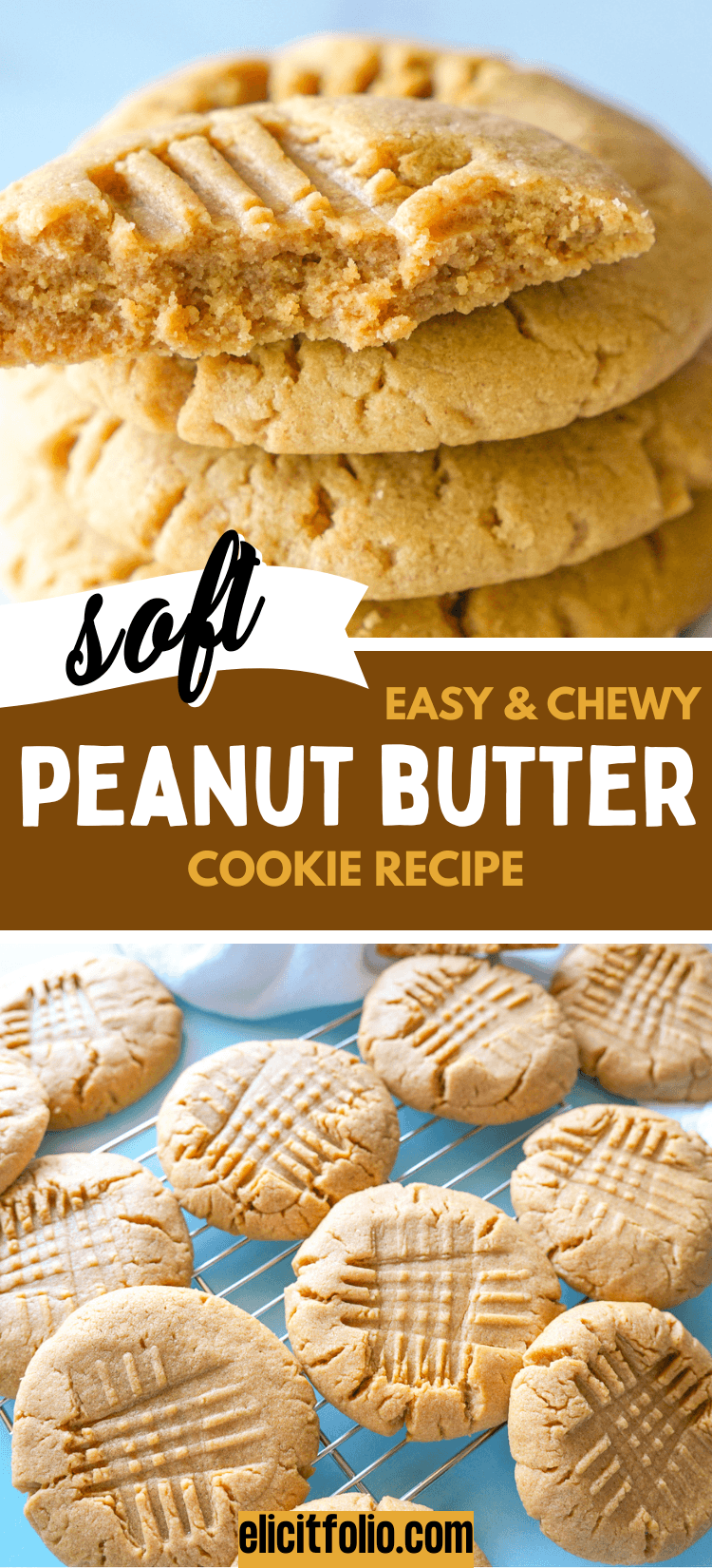 top photo shows stacked peanut butter cookies with the top one broken and the bottom photo shows scattered peanut butter cookies on a blue surface