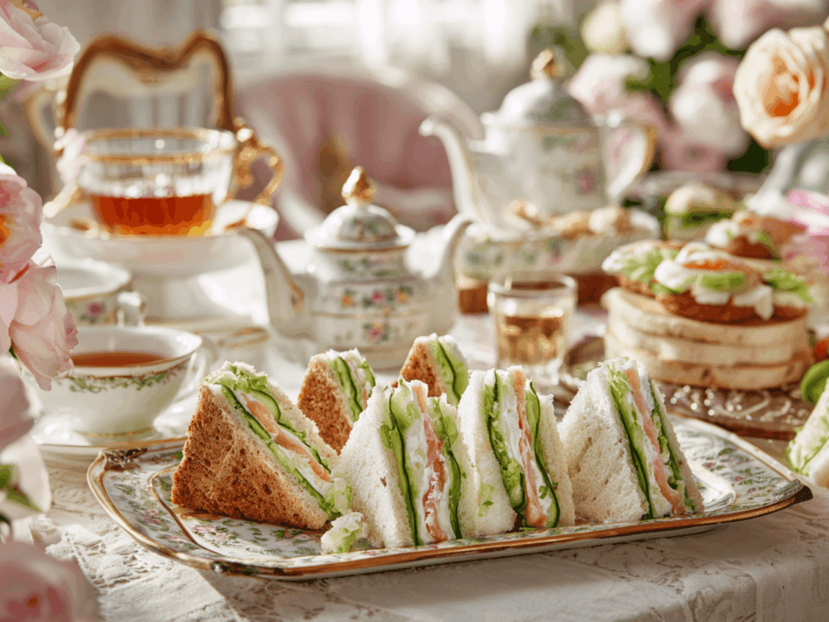 Photo of a variety of cucumber sandwiches on a platter with salmon and tea pots in the background