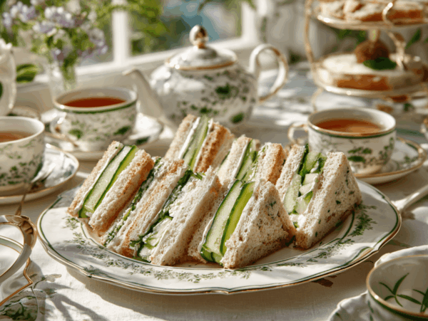 Photo of cucumber sandwiches on a china plate
