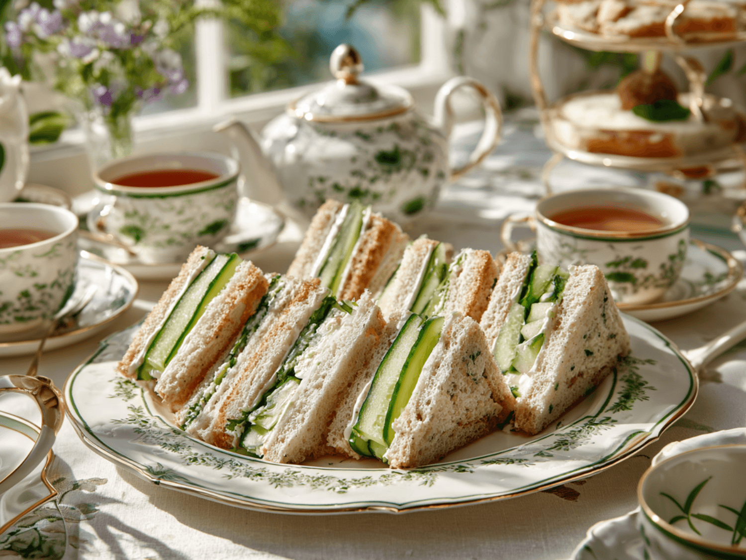 Photo of cucumber sandwiches on a china plate