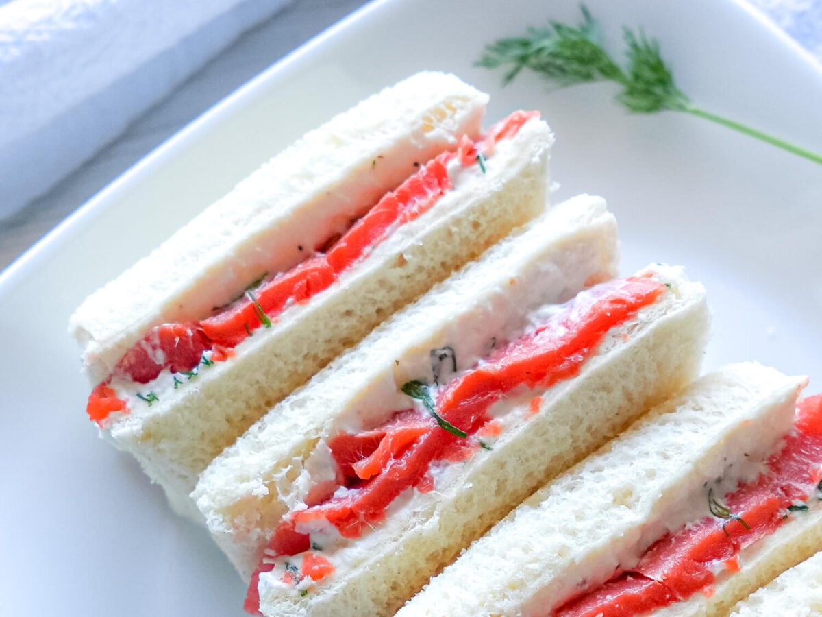 Side view close up of Smoked Salmon Tea Sandwiches