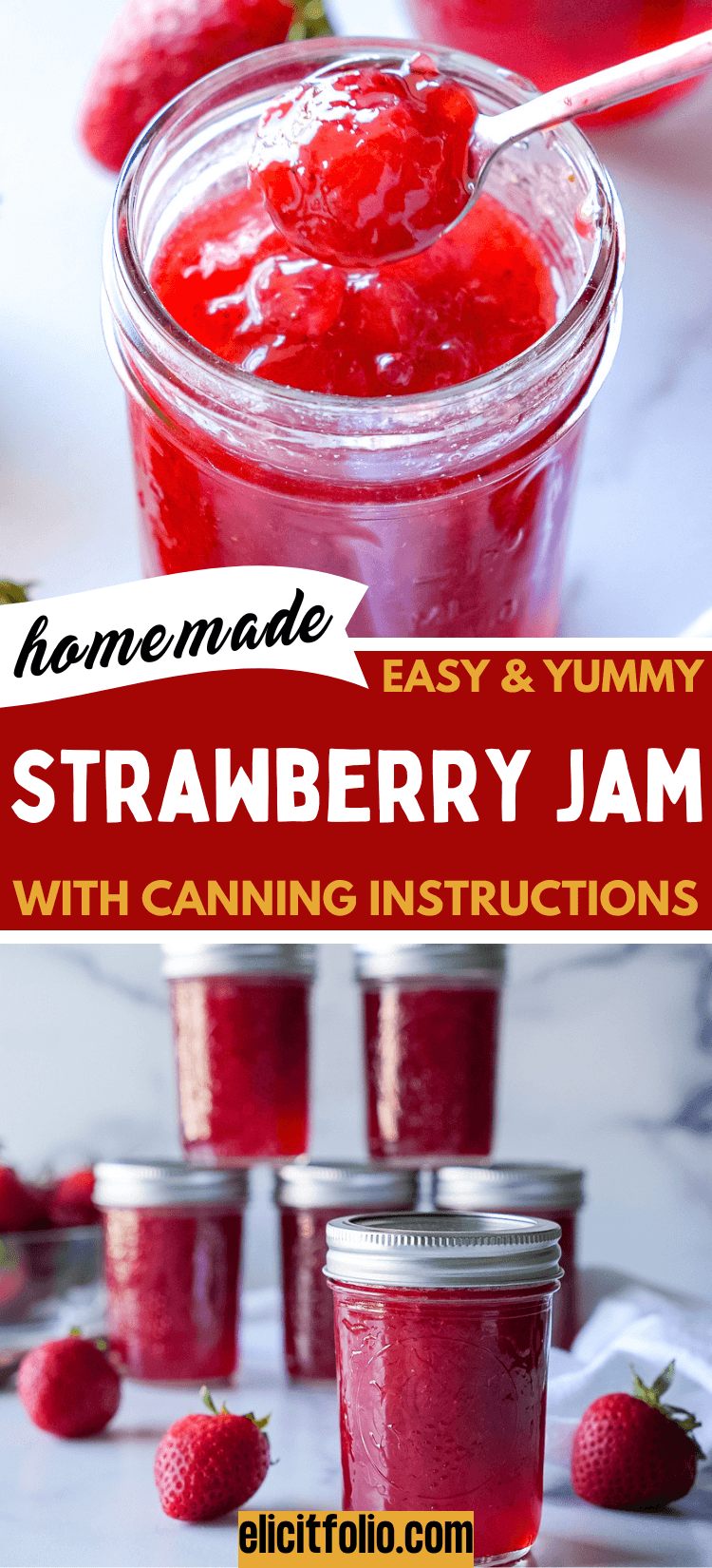 pinterest pin of strawberry jam in a mason jar up top and a stack of mason jars at the bottom