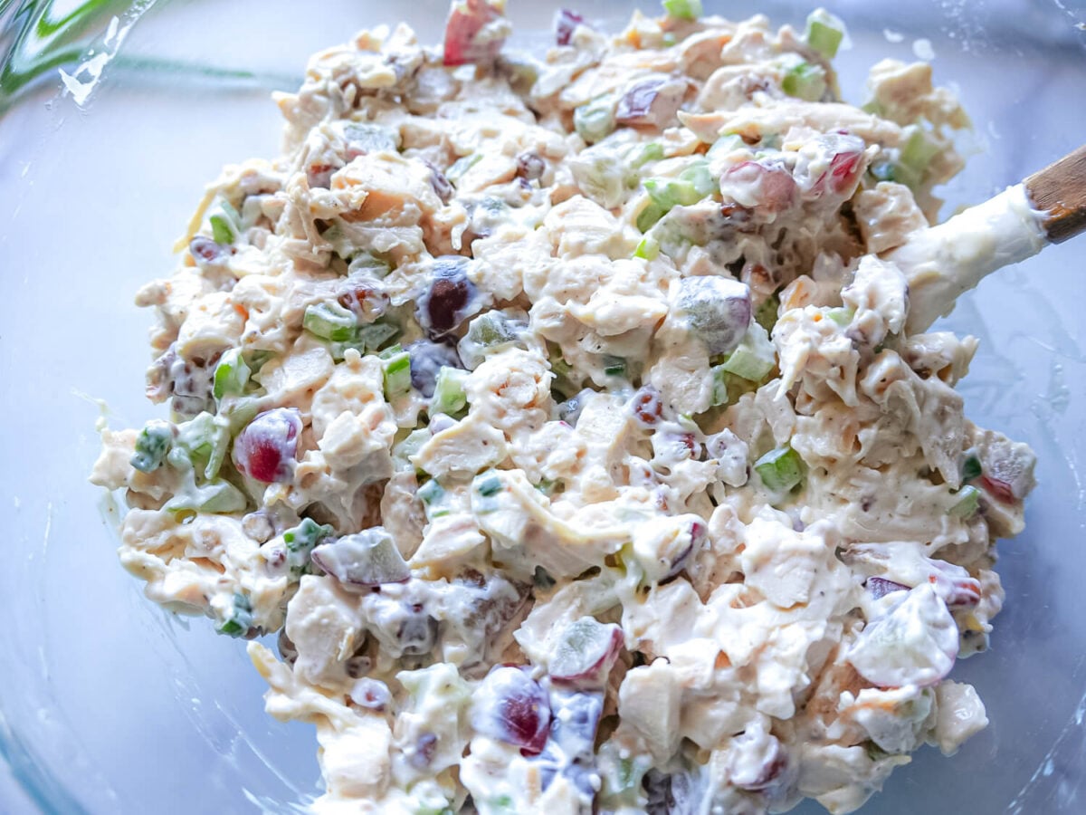 close up photo of chicken salad recipe with grapes