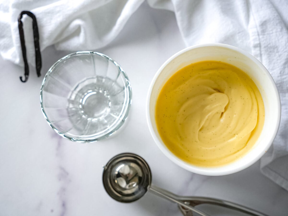 overhead photo of French Vanilla Ice Cream in a airtight container