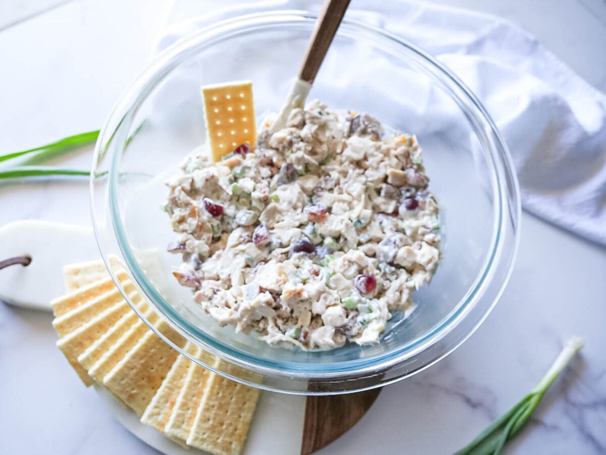overhead photo of chicken salad recipe with grapes and crackers