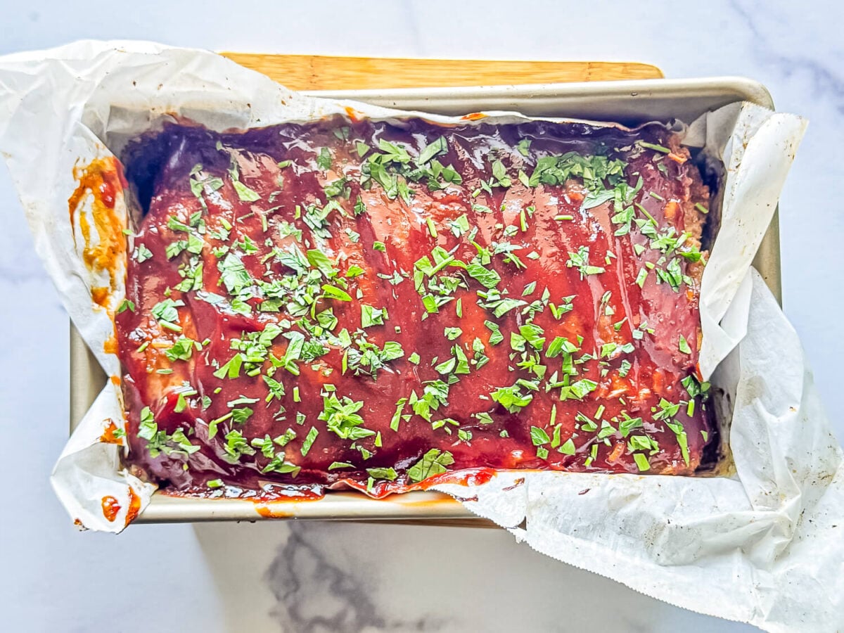 overhead photo of meatloaf on a marble surface