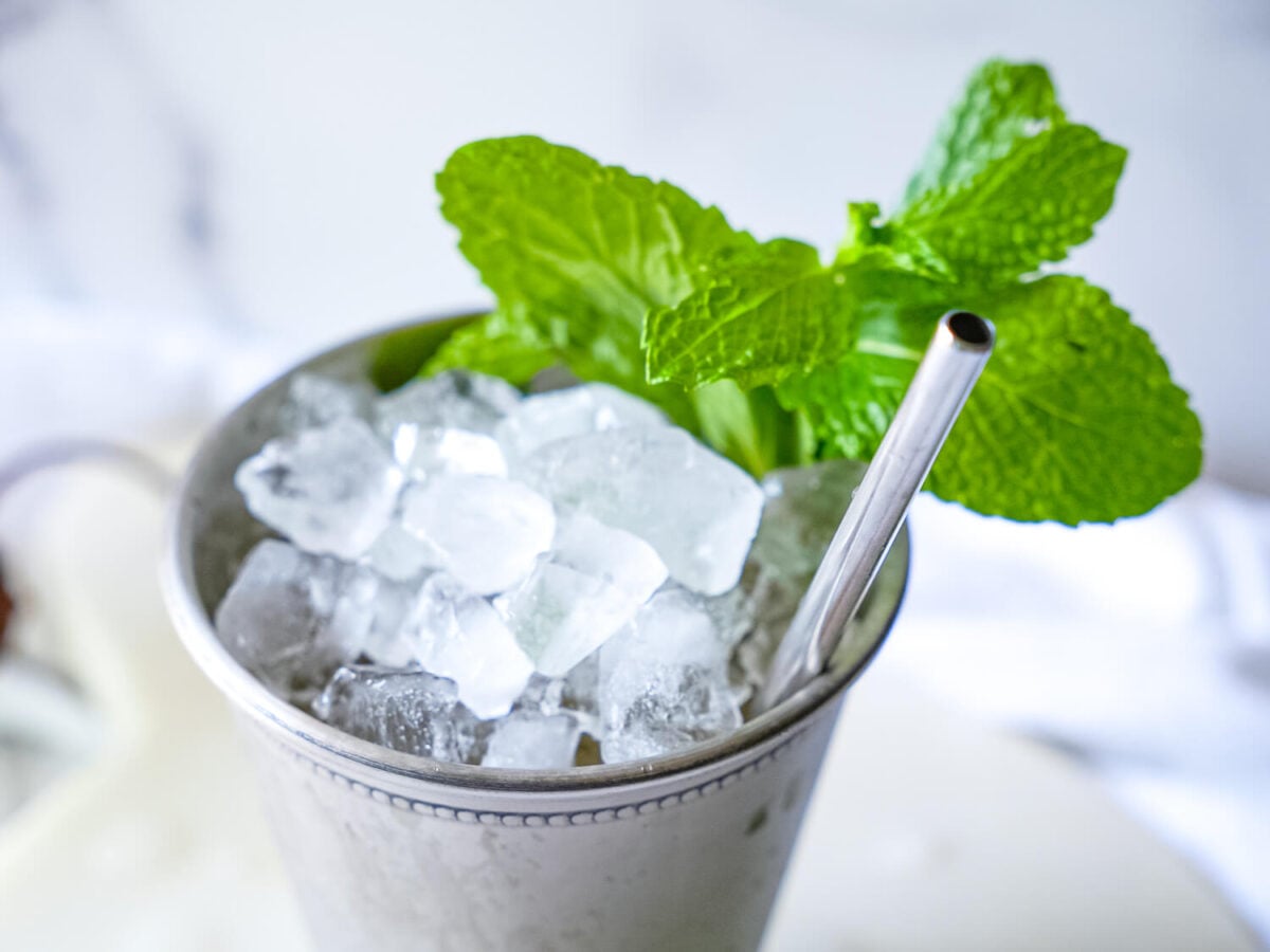 overhead photo showing a Mint Julep with a stainless steel straw