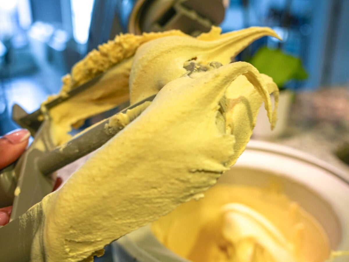 photo of French Vanilla Ice Cream on a churn paddle from the Kitchen Aid stand mixer