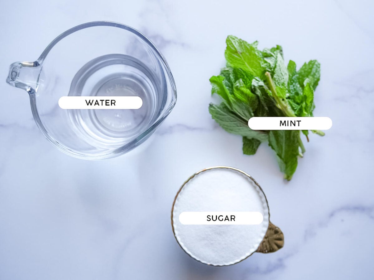 photo of Mint Simple Syrup ingredients on a marble surface