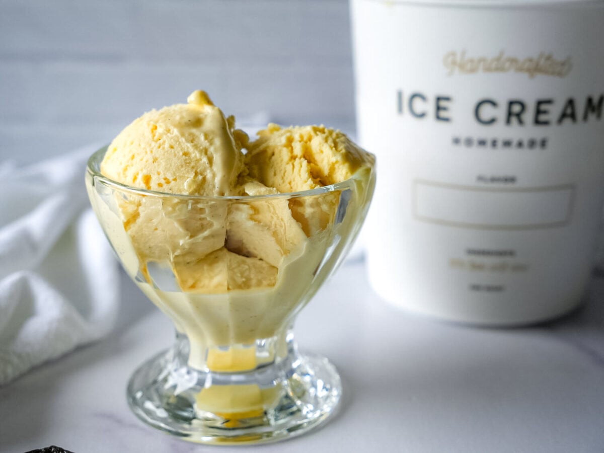 photo of french vanilla ice cream in a glass serving bowl