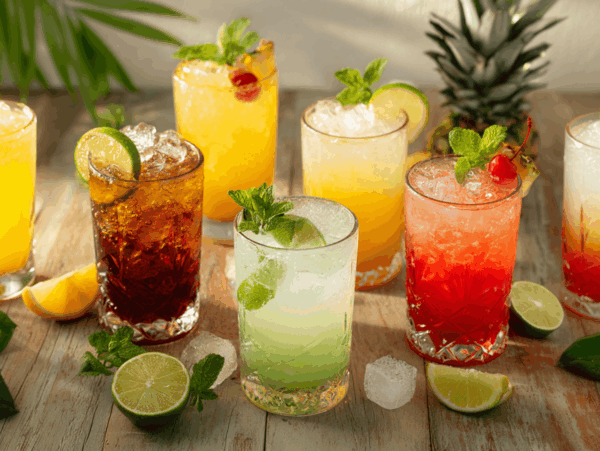 photo of seven cocktails on a wooden table with lime slices