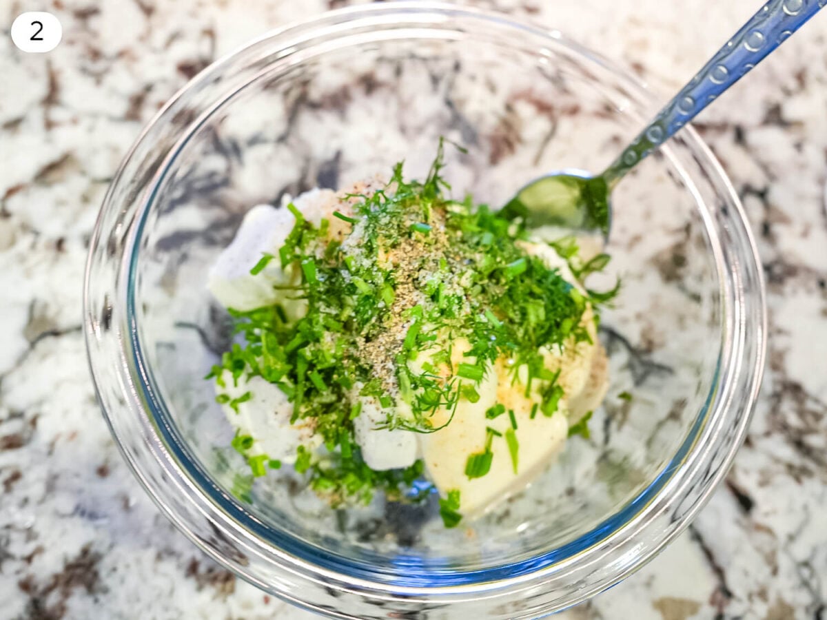 step 2 photo of cream cheese herbs and seasoning in one bowl