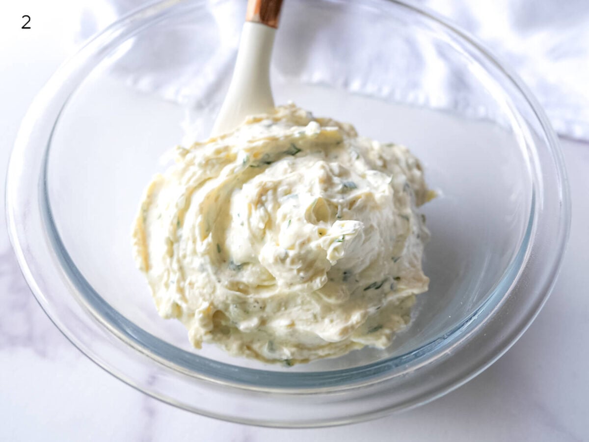 step 2 photo of ingredients mixed together to make cream cheese spread