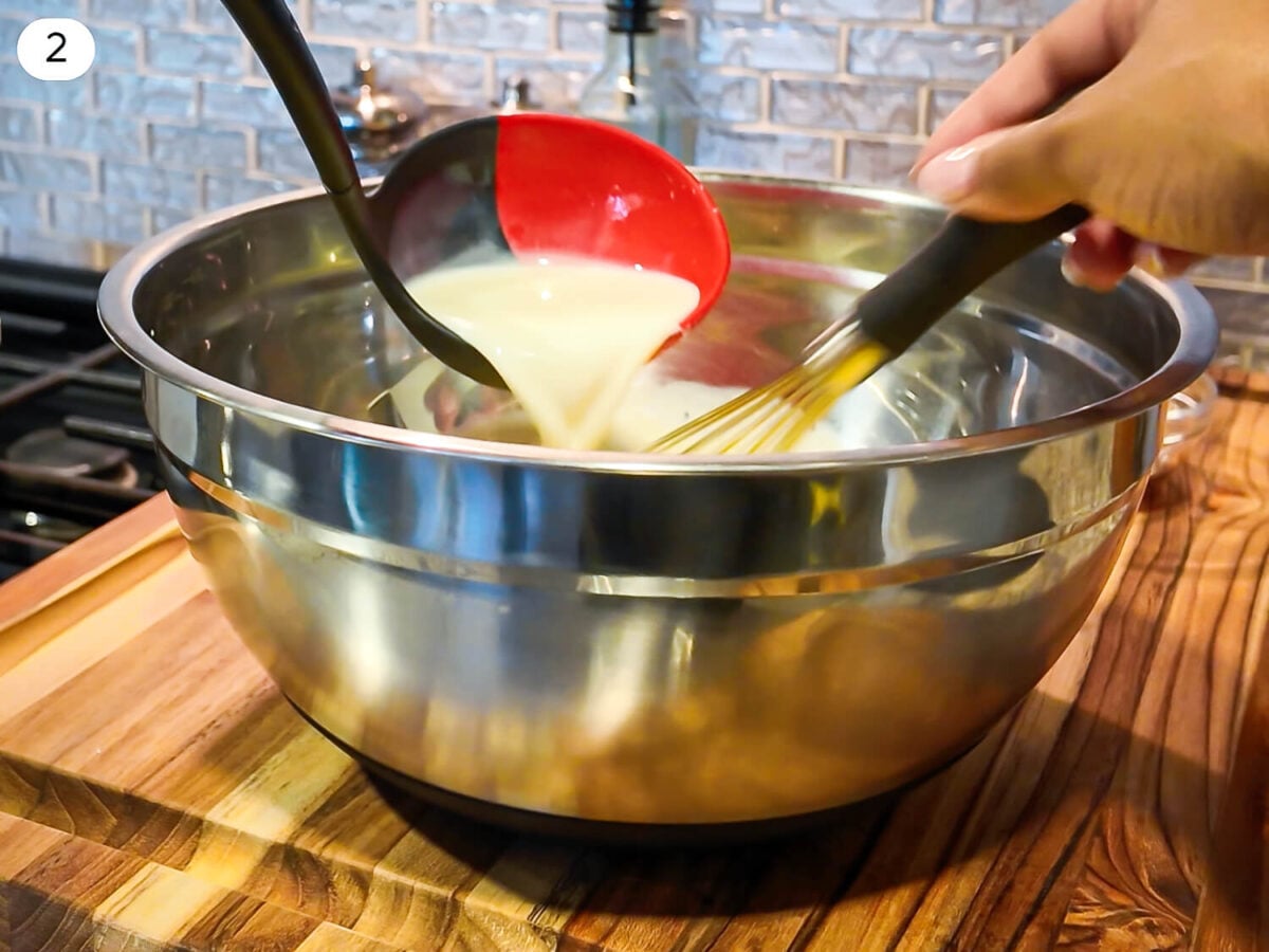 step 2 photo shows warm cream mixture being poured into the whisked eggs bowl