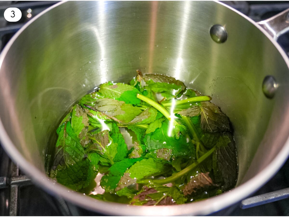 step 3 photo of mint leaves steeping in simple syrup