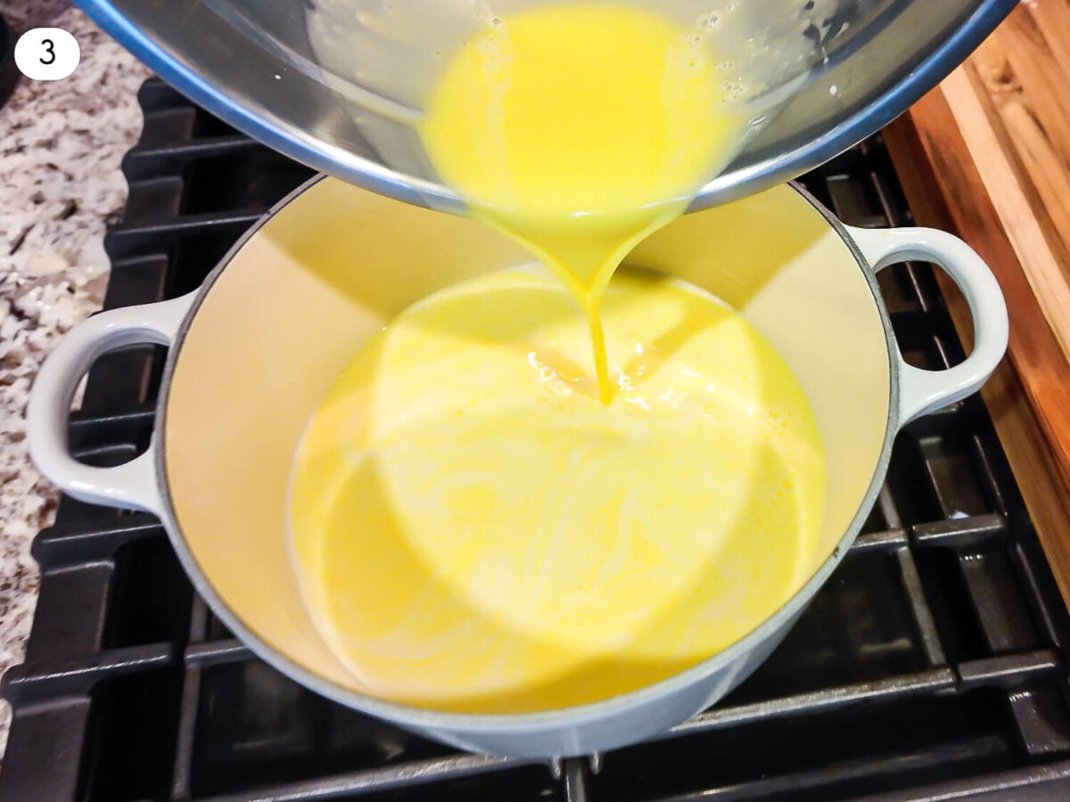 step 3 photo shows tempered eggs being poured back into the pot
