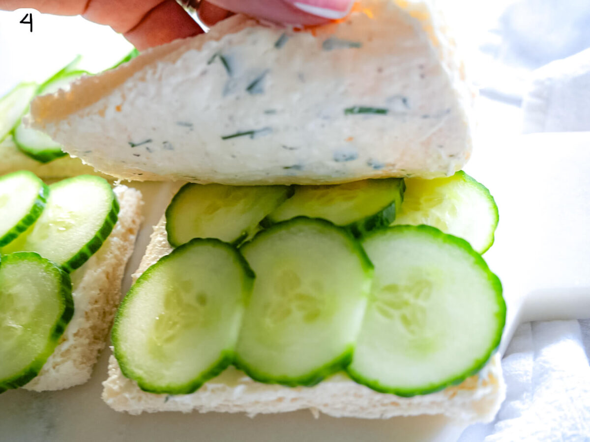 step four photo of placing bread on top of cucumbers